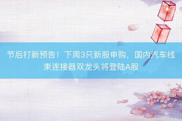 节后打新预告！下周3只新股申购，国内汽车线束连接器双龙头将登陆A股